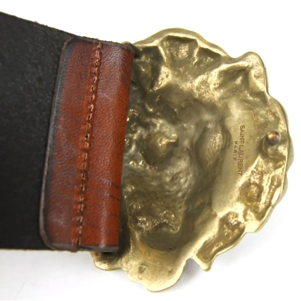 NWT SAINT LAURENT Lion Buckle Brown Leather and Chain Link Belt, Vintage Style!
